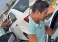 Conductor de BMW choca a familia, rompe su cristal y escapa en Vía Atlixcáyotl
