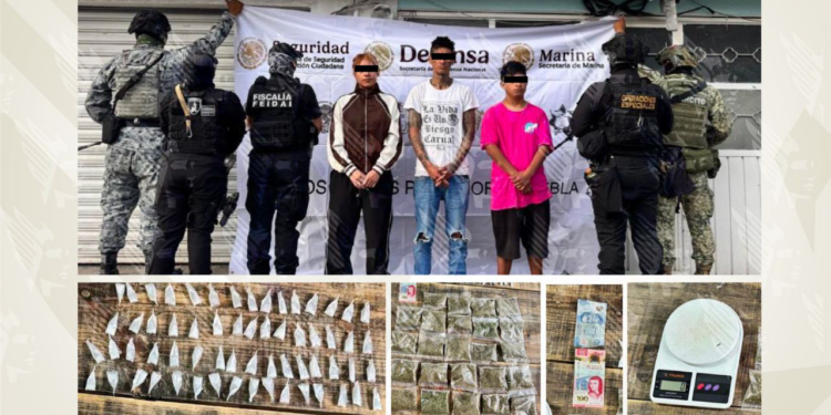 Asegura FGE inmueble, dosis de droga y detiene a tres personas en Santiago Momoxpan